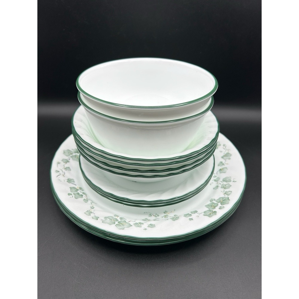 Lot Of 12 Corelle Callaway Ivy Green Rim Swirl Edge Plates & Bowls White